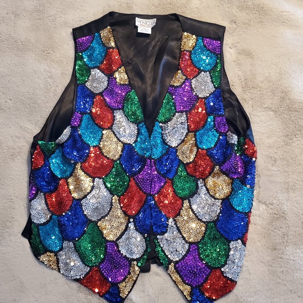 Vintage Venezia Sequins Multi Colored Bling Beaded Vest Rainbow Colors Dopamine - Picture 3 of 12